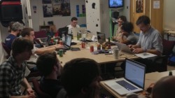 A picture of all the teams hard at work late into the night. Pictured in this photo is Luc Shelton, Dan Griliopoulos, Lewis Proctor, Karn Bianco, David Jones, Kevin Chandler, Theo Chin among others.