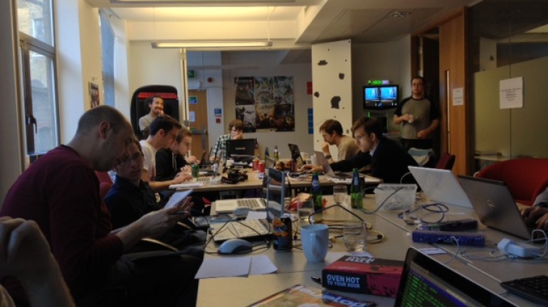 Teams working away into the morning. Pictured in this photo is Karn Bianco, Theo Chin, Keith Stuart and Lewis Proctor, among others.