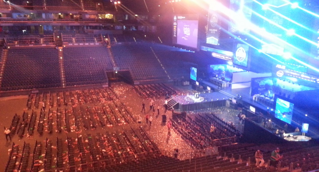 The aftermath of the grand final at ESL One Cologne 2015. The stadium is mostly empty.