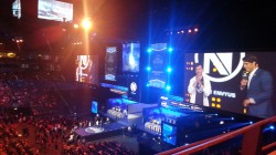 The professional CS:GO player and in-game leader, Vincent "Happy" Schopenhauer from EnVyUs on stage with the host Oliver James "OJ Borg" Borg D'Anastasi