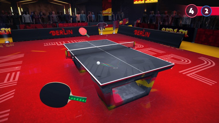 An in-game screenshot of one of the virtual table tennis arenas based in Berlin, Germany.